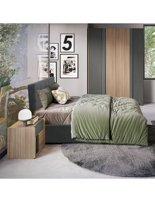Camera da letto Faba armadio 4 ante battenti in noce e grigio e letto contenitore Ascoli grigio
