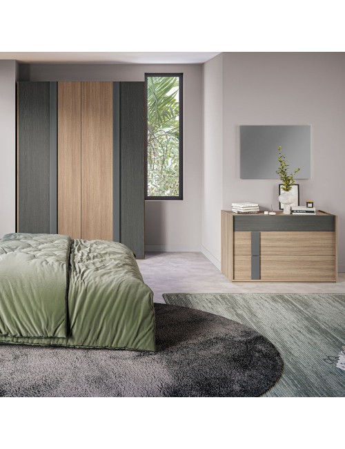 Camera da letto Faba armadio 4 ante battenti in noce e grigio e letto contenitore Ascoli grigio