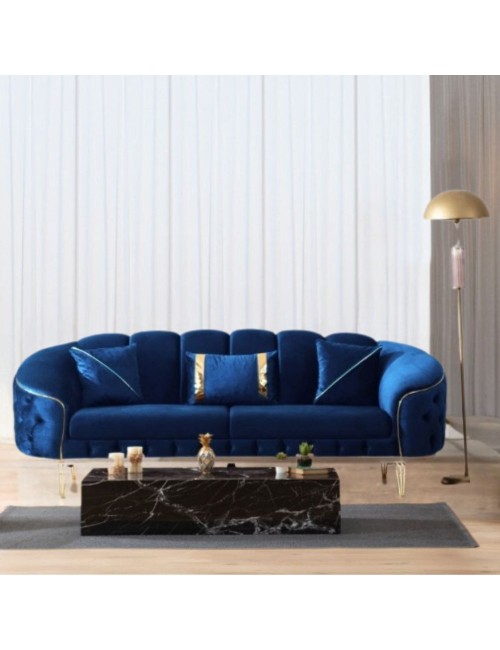 Divano 3 posti design chesterfield in velluto avvolgente blu e gambe oro Bentley Babyface14 250x88x88H