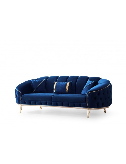 Divano 3 posti design chesterfield in velluto avvolgente blu e gambe oro Bentley Babyface14 250x88x88H