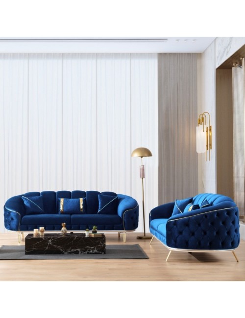 Divano 3 posti design chesterfield in velluto avvolgente blu e gambe oro Bentley Babyface14 250x88x88H