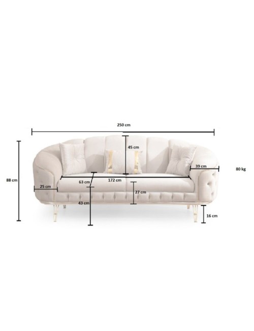 Divano 3 posti design chesterfield in velluto avvolgente blu e gambe oro Bentley Babyface14 250x88x88H