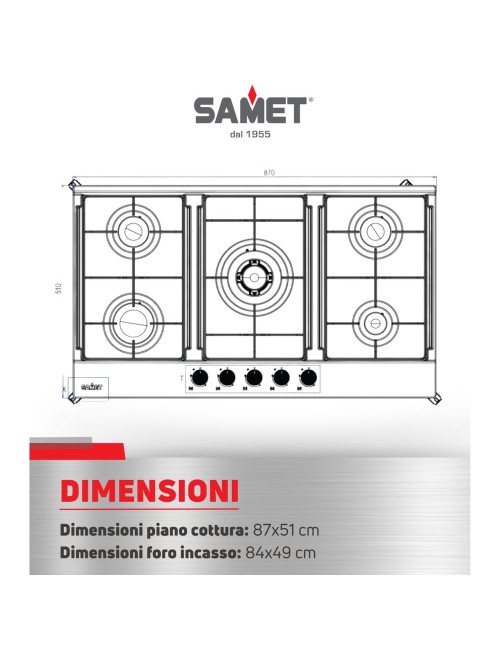 Piano Cottura gas 5 fuochi 90 cm acciaio inox Samet Apollo2 prezzo