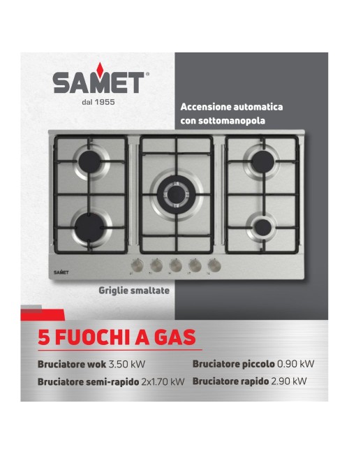Piano Cottura gas 5 fuochi 90 cm acciaio inox Samet Apollo2 prezzo
