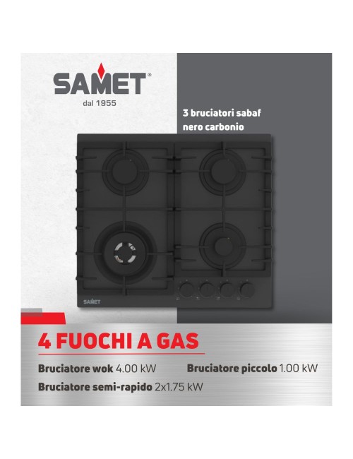 Piano cottura gas 4 fuochi 60 cm vetro temperato Samet Zacinto60