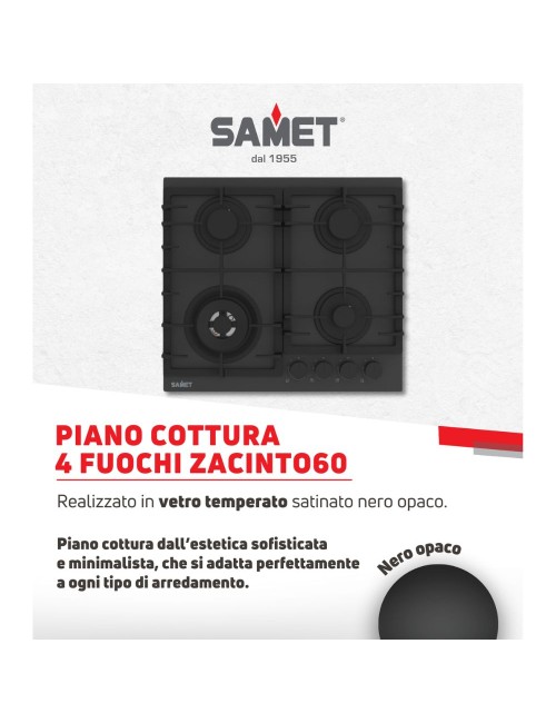 Piano cottura gas 4 fuochi 60 cm vetro temperato Samet Zacinto60