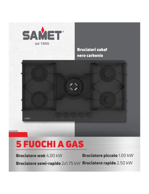 Piano cottura gas 5 fuochi 90 cm vetro temperato Samet Zacinto90