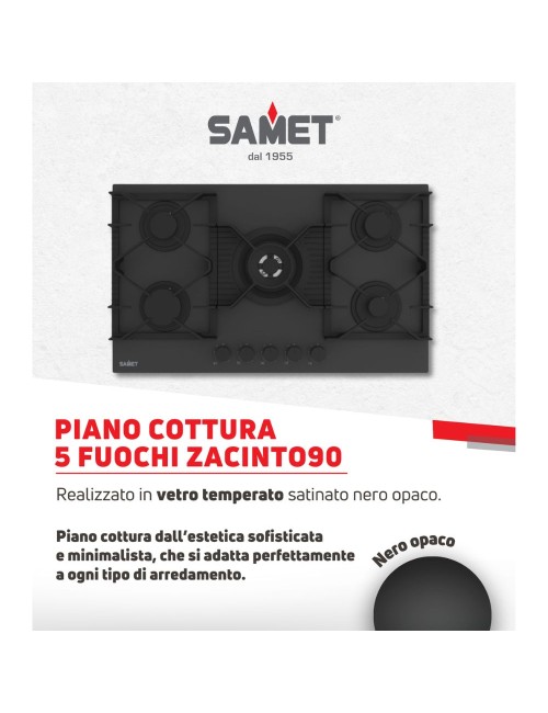 Piano cottura gas 5 fuochi 90 cm vetro temperato Samet Zacinto90