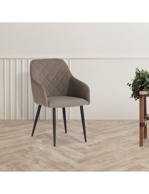 Sedia Rarra in tessuto tortora con schienale geometrico e gambe nere – Comfort per ambienti moderni