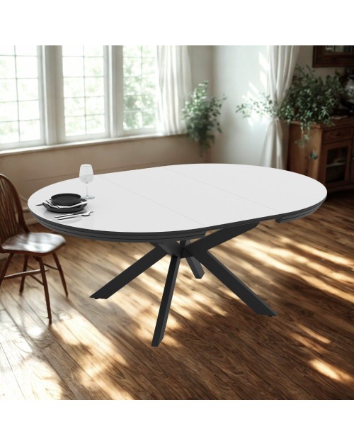 Tavolo rotondo allungabile Meli bianco lucido con gambe nere 138x138x76H