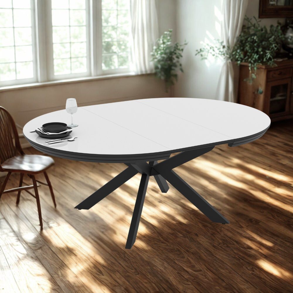 Tavolo rotondo allungabile Meli bianco lucido con gambe nere 138x138x76H