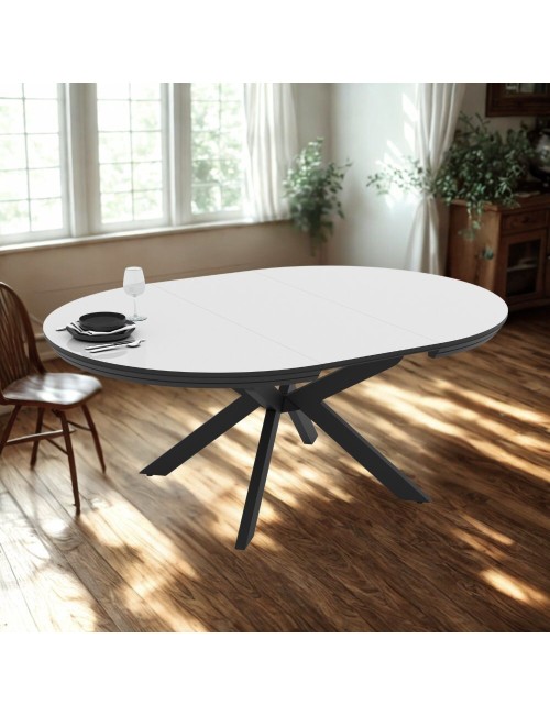 Tavolo rotondo allungabile Meli bianco lucido con gambe nere 138x138x76H