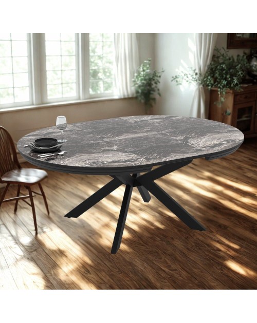 Tavolo rotondo allungabile Meli effetto marmo nero lucido con gambe nere 138x138x76H