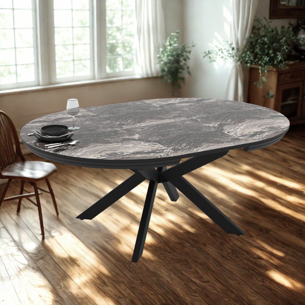 Tavolo rotondo allungabile Meli effetto marmo nero lucido con gambe nere 138x138x76H