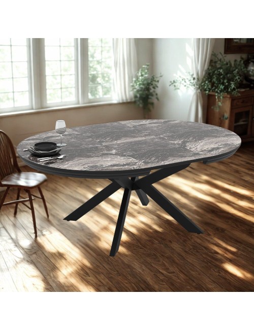 Tavolo rotondo allungabile Meli effetto marmo nero lucido con gambe nere 138x138x76H