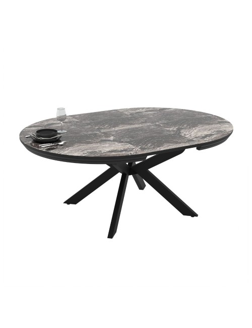Tavolo rotondo allungabile Meli effetto marmo nero lucido con gambe nere 138x138x76H