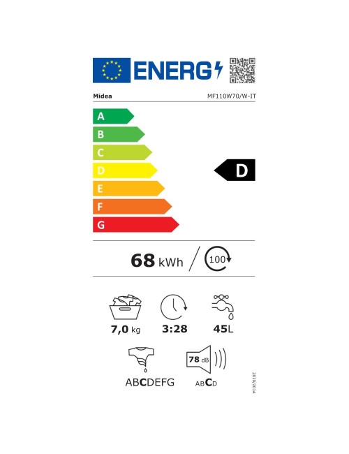 Lavatrice slim Midea MF110W70W 7 kg. 1200 giri bianca classe D