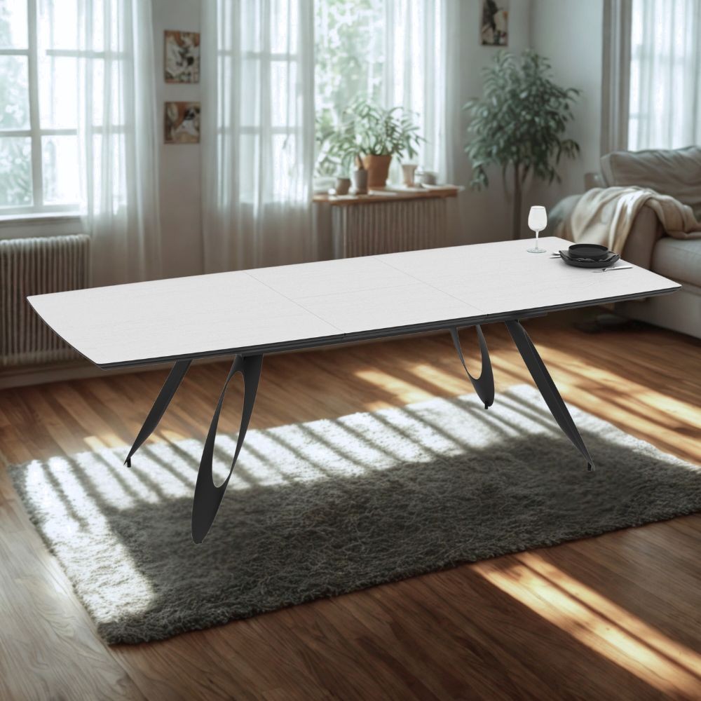 Tavolo allungabile Merkur con gambe in metallo sagomate e piano colore bianco frassino 190x103x76H