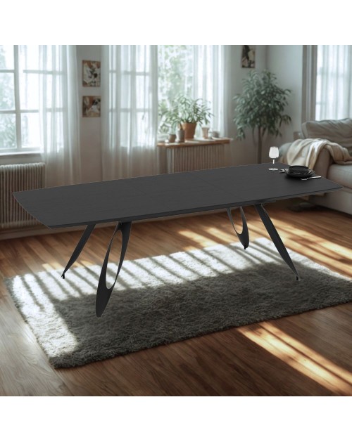 Tavolo allungabile Merkur con gambe in metallo sagomate e piano colore nero 190x103x76H