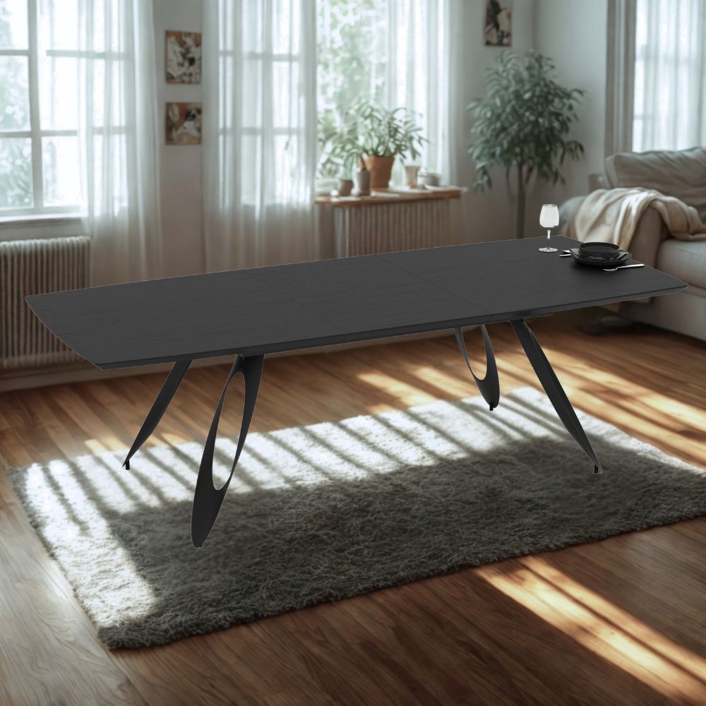 Tavolo allungabile Merkur con gambe in metallo sagomate e piano colore nero 190x103x76H