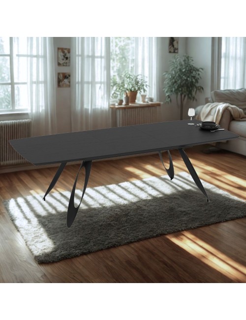 Tavolo allungabile Merkur con gambe in metallo sagomate e piano colore nero 190x103x76H
