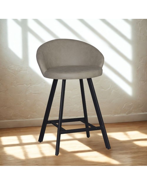 Sgabello Saki con seduta imbottita in nabuk tortora e gambe nere – Comfort compatto per ambienti moderni