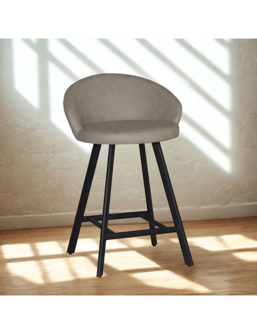 Sgabello Saki con seduta imbottita in nabuk tortora e gambe nere – Comfort compatto per ambienti moderni