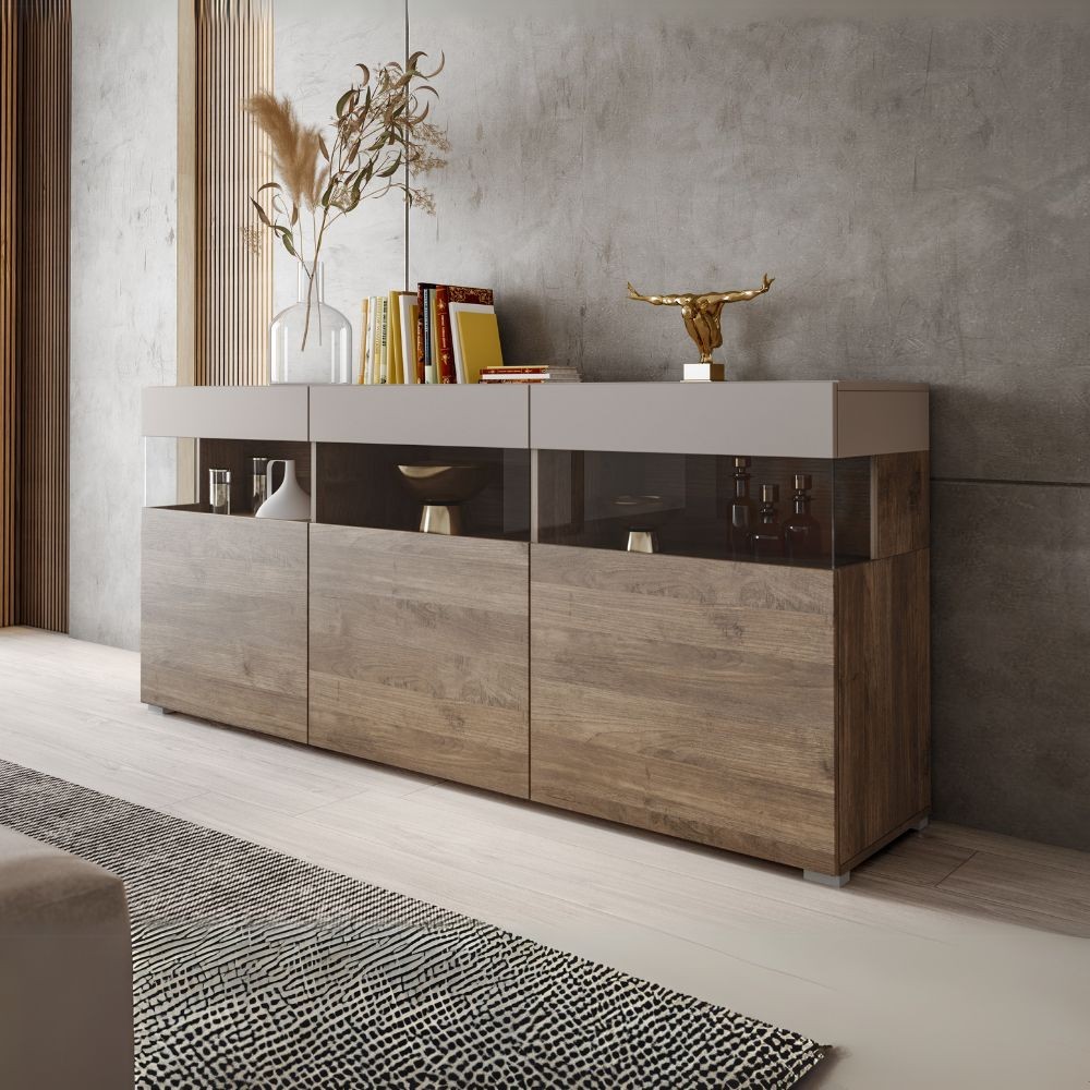 Madia Itaca 3 ante in noce eastwood e cashmere con dettagli in vetro 180x41.2x80H – Ordine ed Eleganza