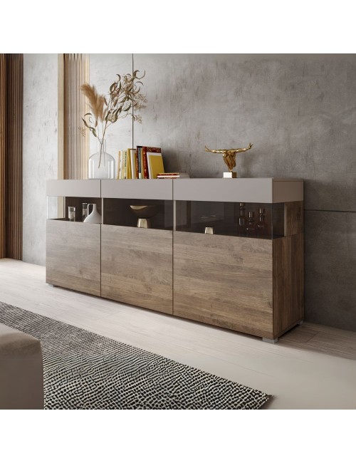 Madia Itaca 3 ante in noce eastwood e cashmere con dettagli in vetro 180x41.2x80H – Ordine ed Eleganza