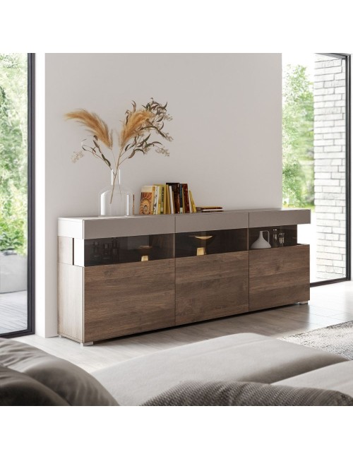 Madia Itaca 3 ante in noce eastwood e cashmere con dettagli in vetro 180x41.2x80H – Ordine ed Eleganza