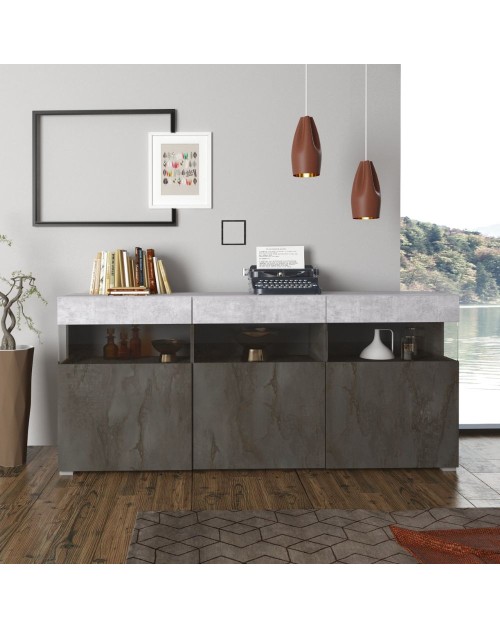 Madia Itaca 3 ante ossido e cemento con dettagli in vetro 180x41.2x80H – Ordine ed Eleganza