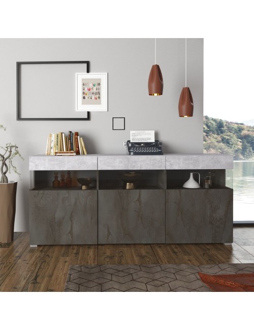 Madia Itaca 3 ante ossido e cemento con dettagli in vetro 180x41.2x80H – Ordine ed Eleganza