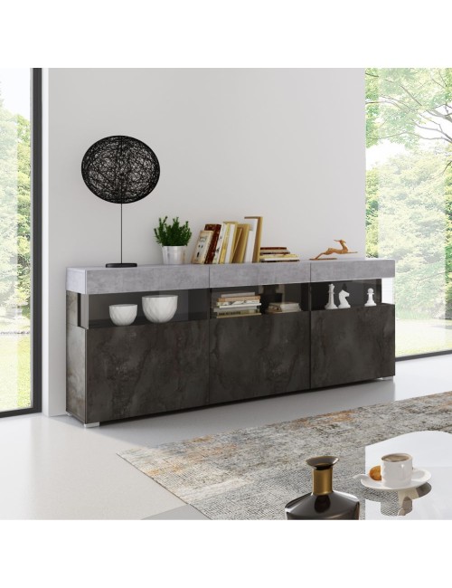Madia Itaca 3 ante ossido e cemento con dettagli in vetro 180x41.2x80H – Ordine ed Eleganza
