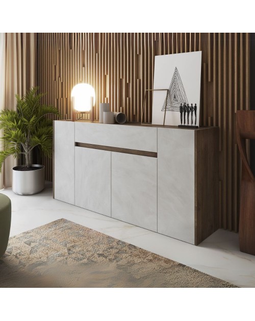 Madia Nordik 4 ante e 1 cassetto in noce e bianco spatolato 170x39.6x85H – Stile e funzionalità