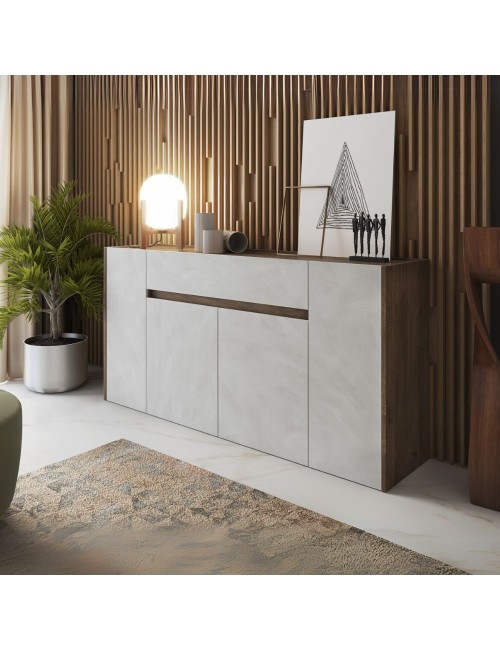 Madia Nordik 4 ante e 1 cassetto in noce e bianco spatolato 170x39.6x85H – Stile e funzionalità