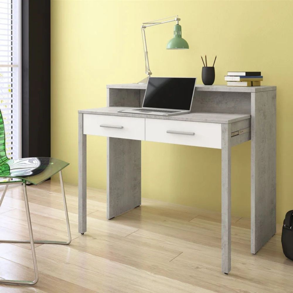 Scrivania Consolle Scrivia cemento e bianco con piano estraibile – Design Funzionale e Salvaspazio