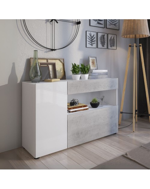 Madia Astra cemento e bianco con 2 ante cassetto e vano a giorno 130x41.2x82H
