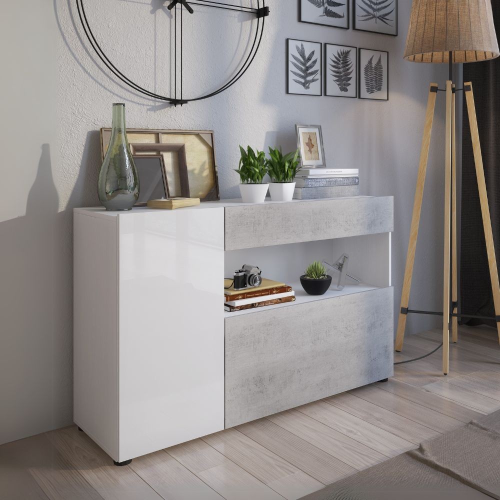 Madia Astra cemento e bianco con 2 ante cassetto e vano a giorno 130x41.2x82H