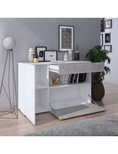 Madia Astra cemento e bianco con 2 ante cassetto e vano a giorno 130x41.2x82H