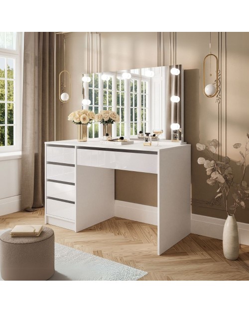 Toeletta trucco Elite bianca con specchio 5 cassetti e lampadine LED 120x55x142,6H