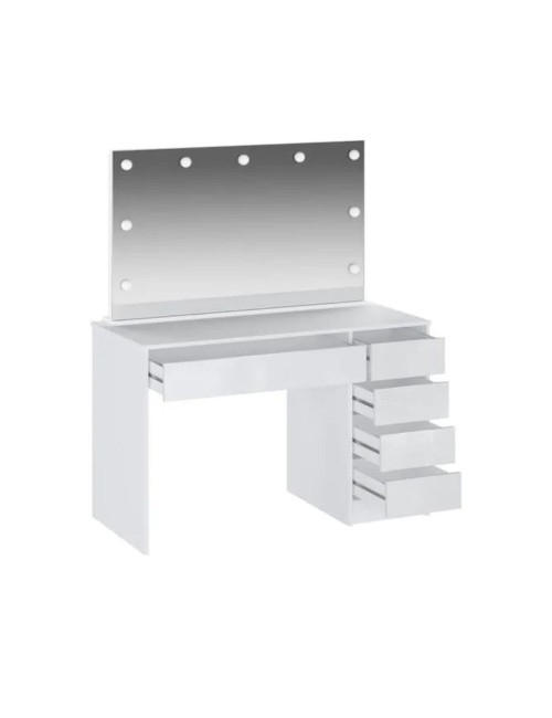 Toeletta trucco Elite bianca con specchio 5 cassetti e lampadine LED 120x55x142,6H