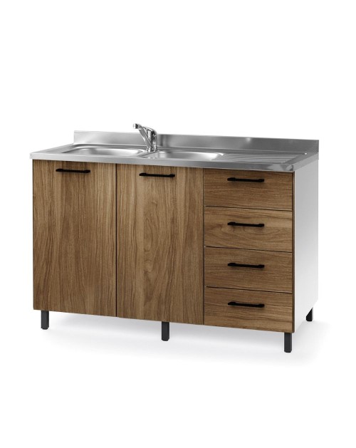 Sottolavello con cassetti e lavello 120 cm noce naturale destro