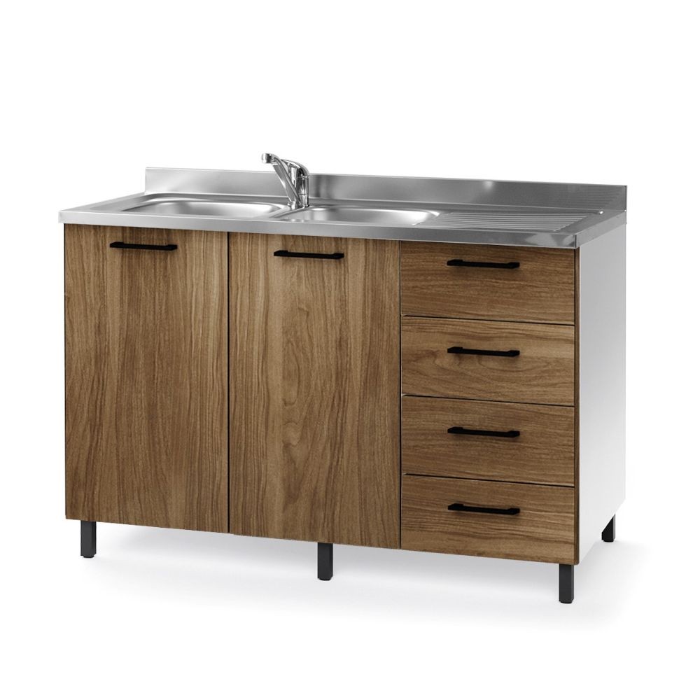 Sottolavello con cassetti e lavello 120 cm noce naturale destro