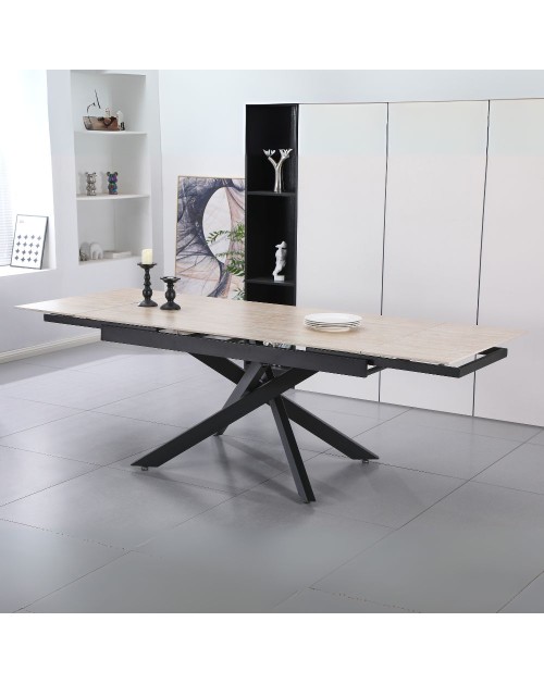 Tavolo allungabile Trivia con piano in ceramica effetto marmo Travertino e gambe in metallo nero 160x90x75.5H