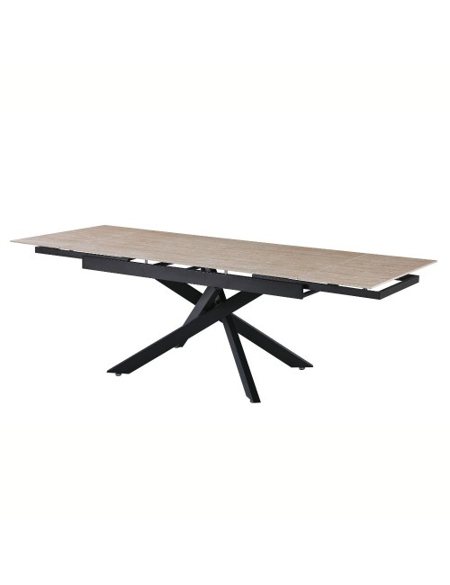Tavolo allungabile Trivia con piano in ceramica effetto marmo Travertino e gambe in metallo nero 160x90x75.5H