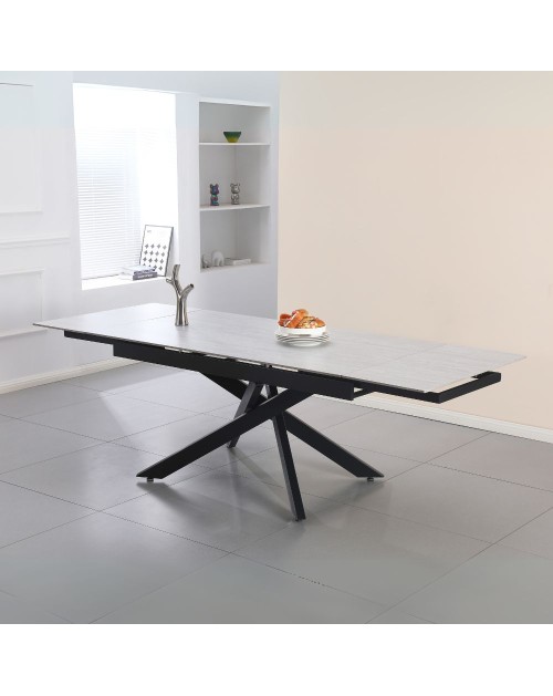 Tavolo allungabile Trivia con piano in ceramica larice beige e gambe in metallo nero 160x90x75.5H