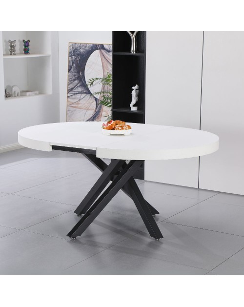 Tavolo rotondo allungabile Raven con piano bianco opaco e gambe shangai nero 120x120x75H