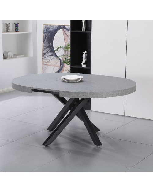 Tavolo rotondo allungabile Raven con piano cemento e gambe shangai nero 120x120x75H