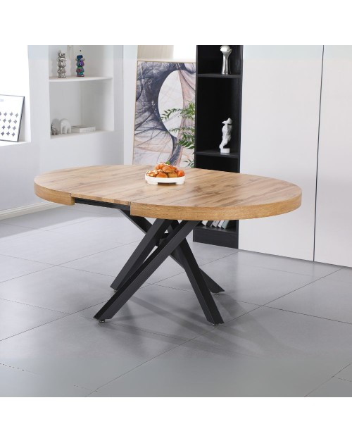 Tavolo rotondo allungabile Raven con piano rovere e gambe shangai nero 120x120x75H