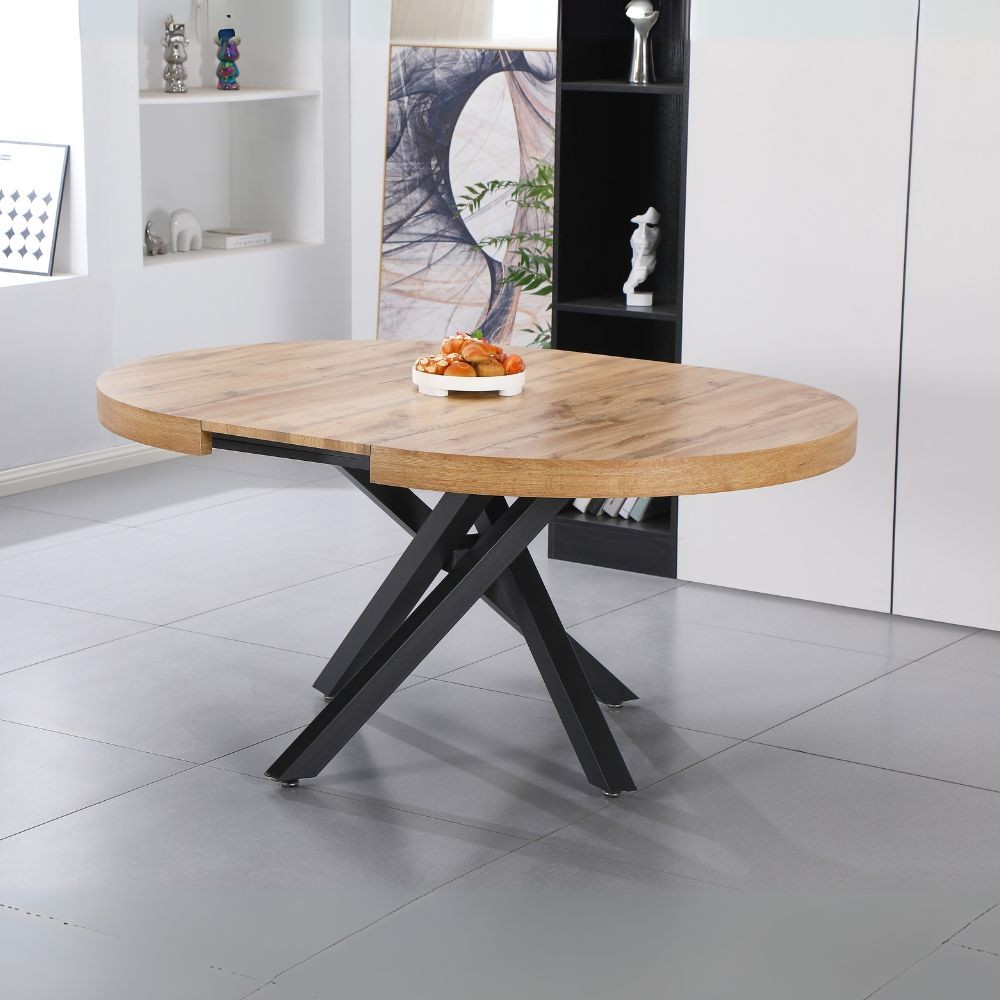 Tavolo rotondo allungabile Raven con piano rovere e gambe shangai nero 120x120x75H